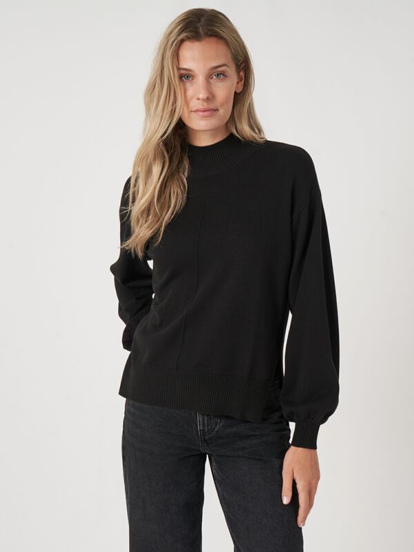 Cotton blend high neck sweater with puff sleeves