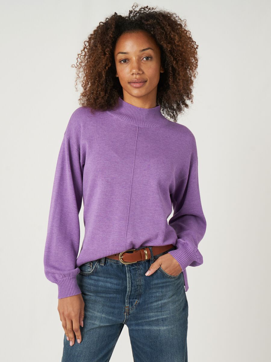 Cotton blend high neck sweater with puff sleeves image number 0