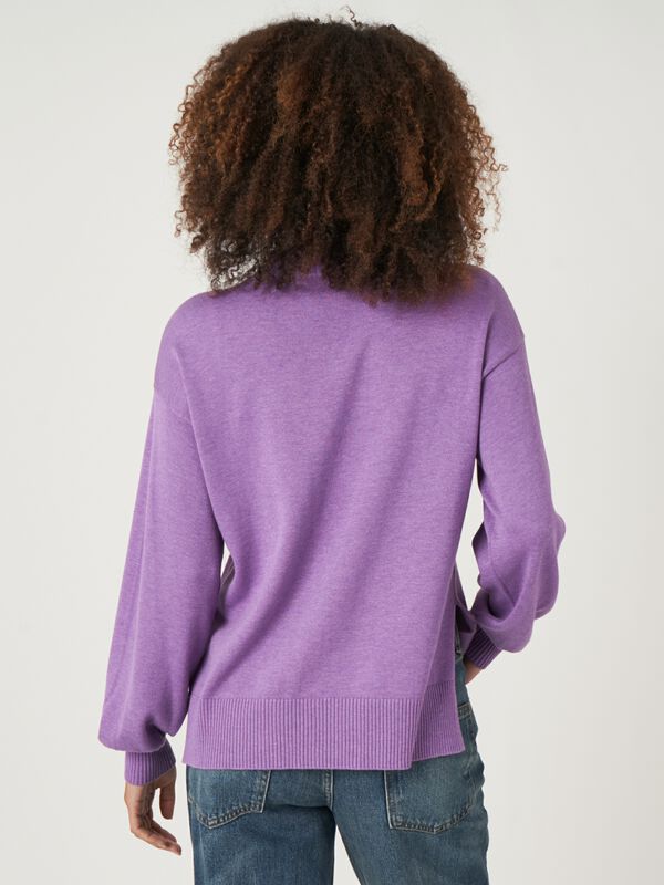 Cotton blend high neck sweater with puff sleeves image number 1