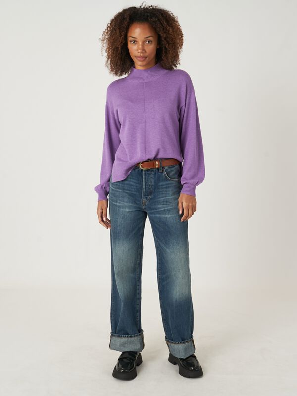 Cotton blend high neck sweater with puff sleeves image number 5
