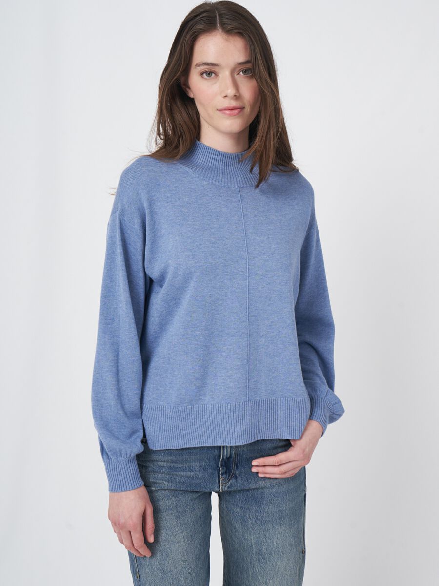 Cotton blend high neck sweater with puff sleeves image number 0