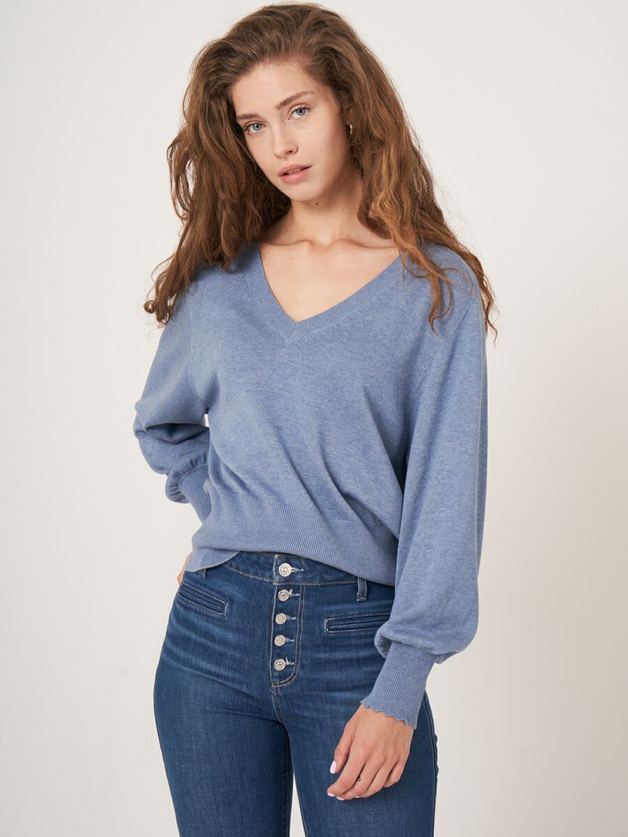 Deep V-neck sweater with saddle puff sleeves image number 0