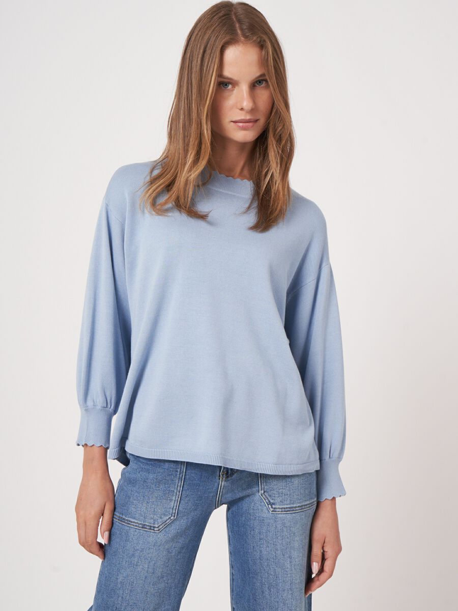 Cotton blend sweater with scalloped hem details image number 0
