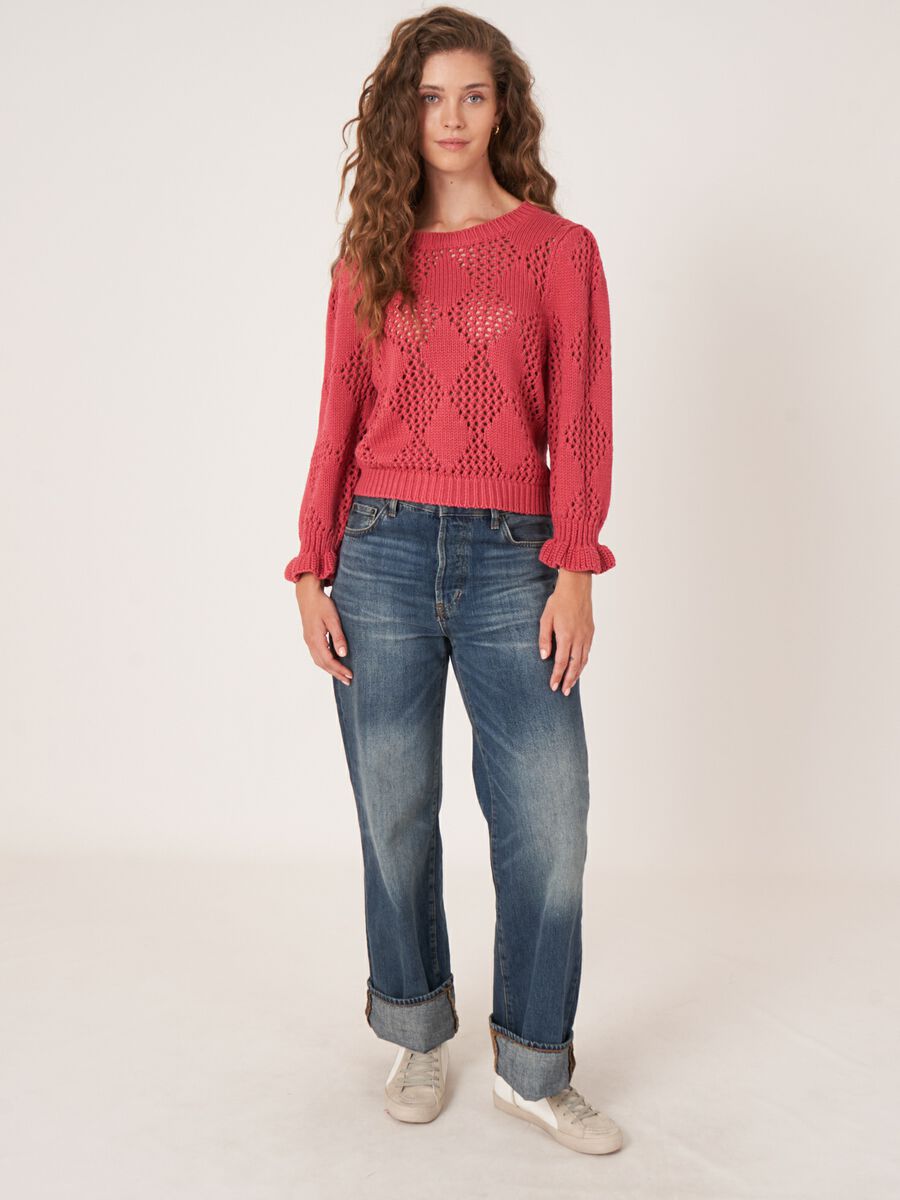 Pull à losanges ajourés en pur coton image number 6