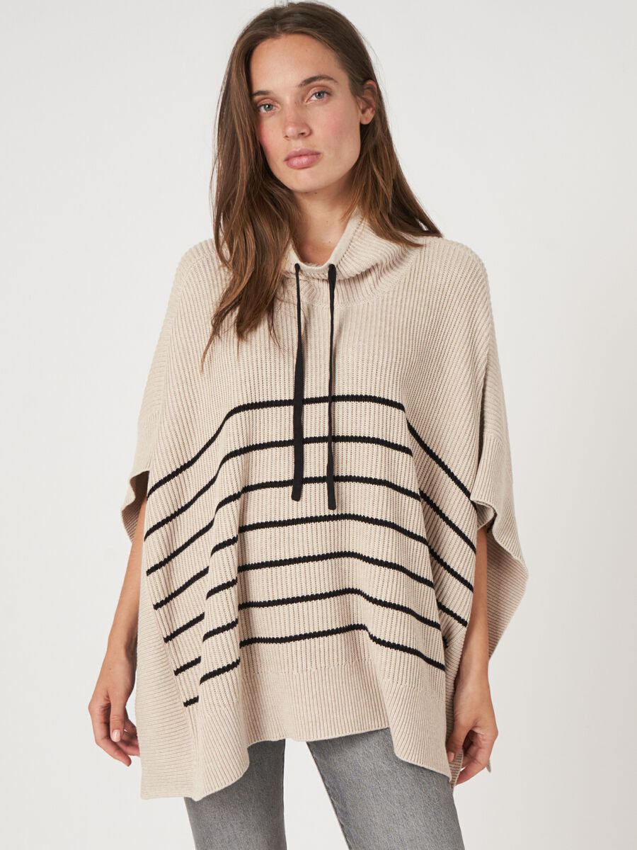 Striped cotton knit poncho with drawstring image number 1