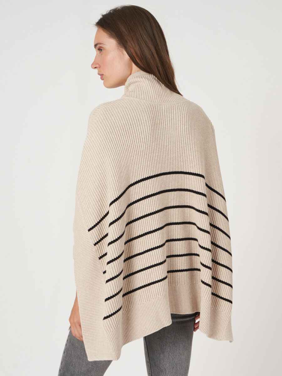 Striped cotton knit poncho with drawstring image number 2