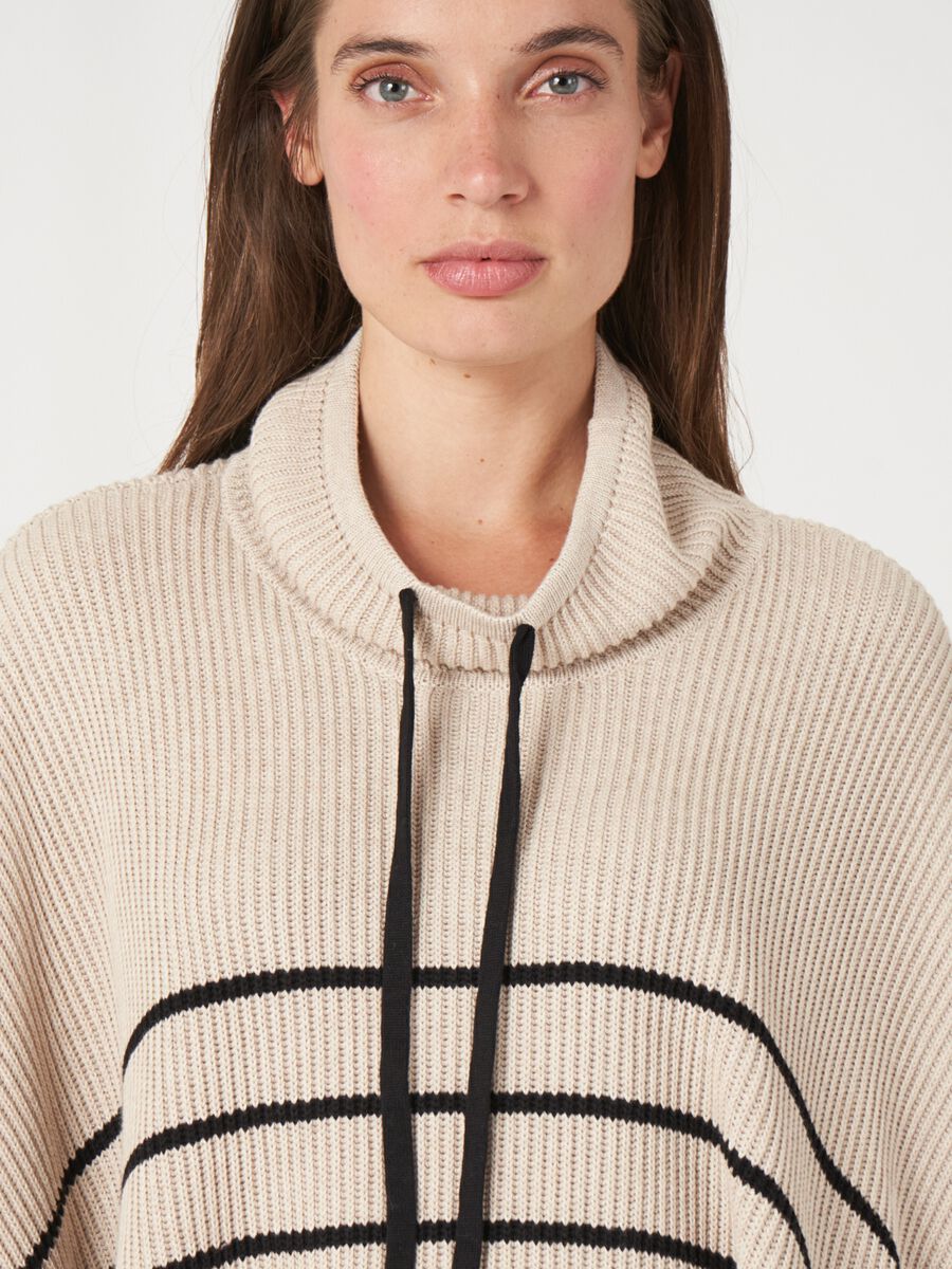 Striped cotton knit poncho with drawstring image number 4