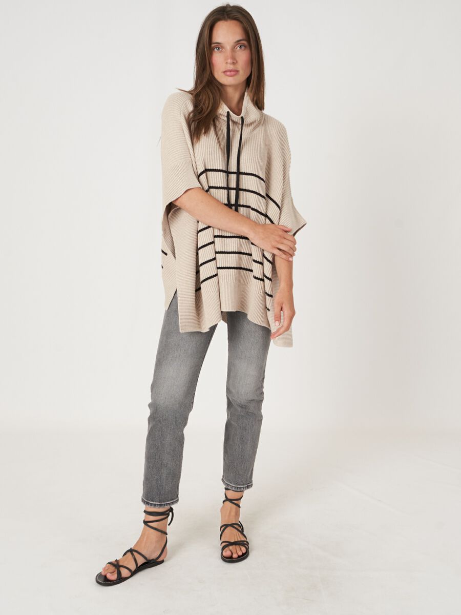 Striped cotton knit poncho with drawstring image number 5