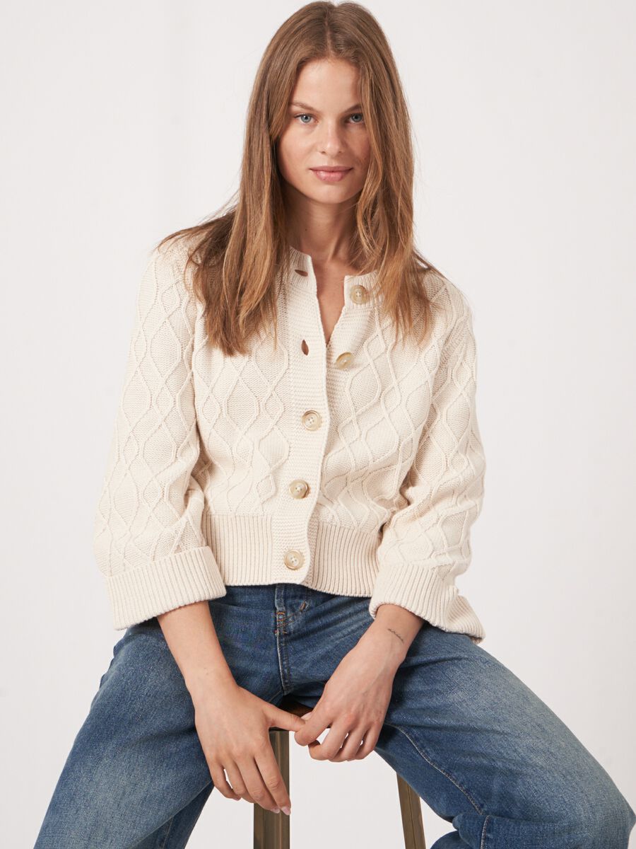 Cotton cable knit cardigan with wide sleeves image number 1