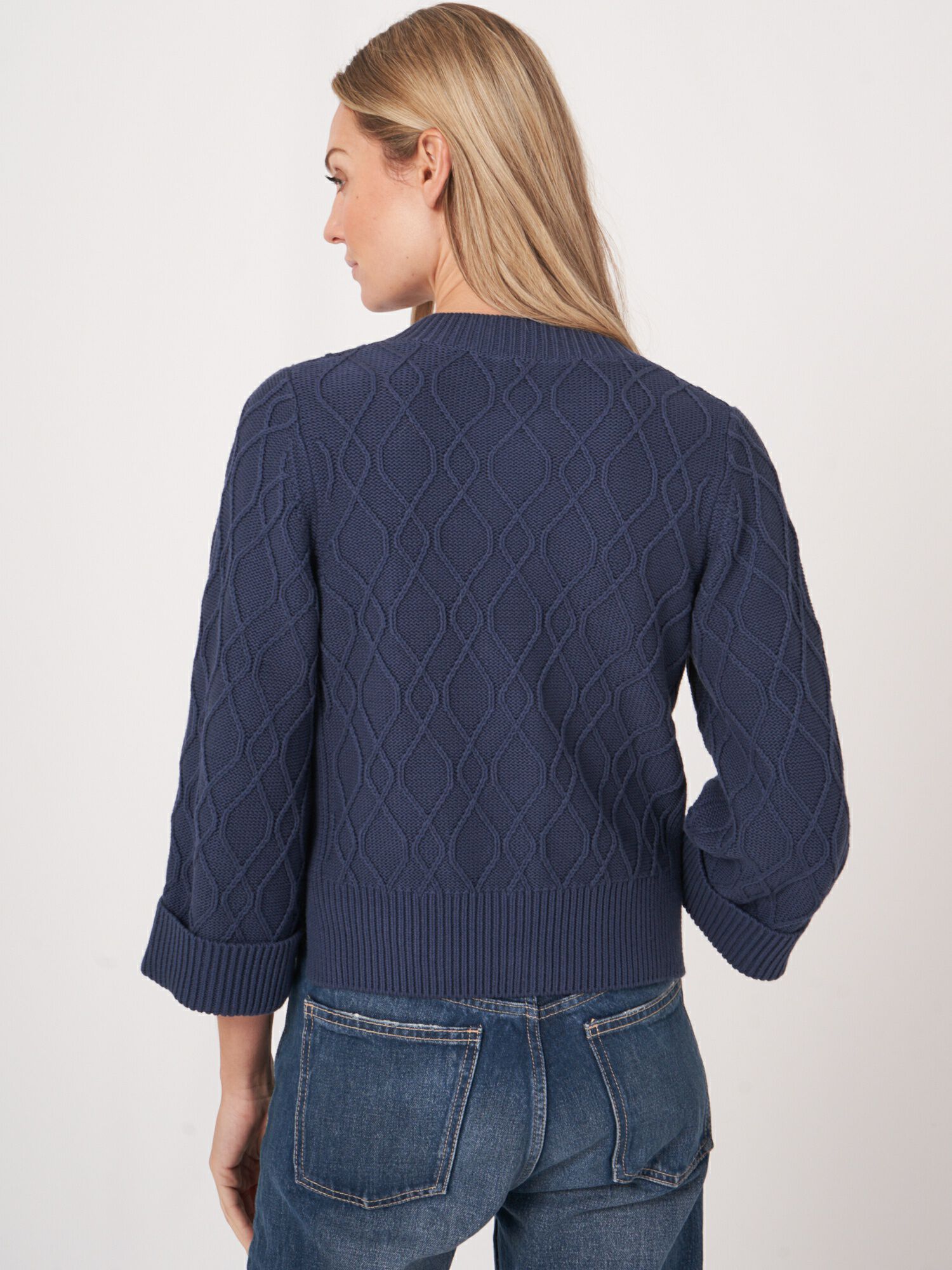 Cotton cable knit cardigan with wide sleeves