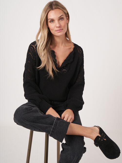 Cotton puff sleeve sweater with crochet details