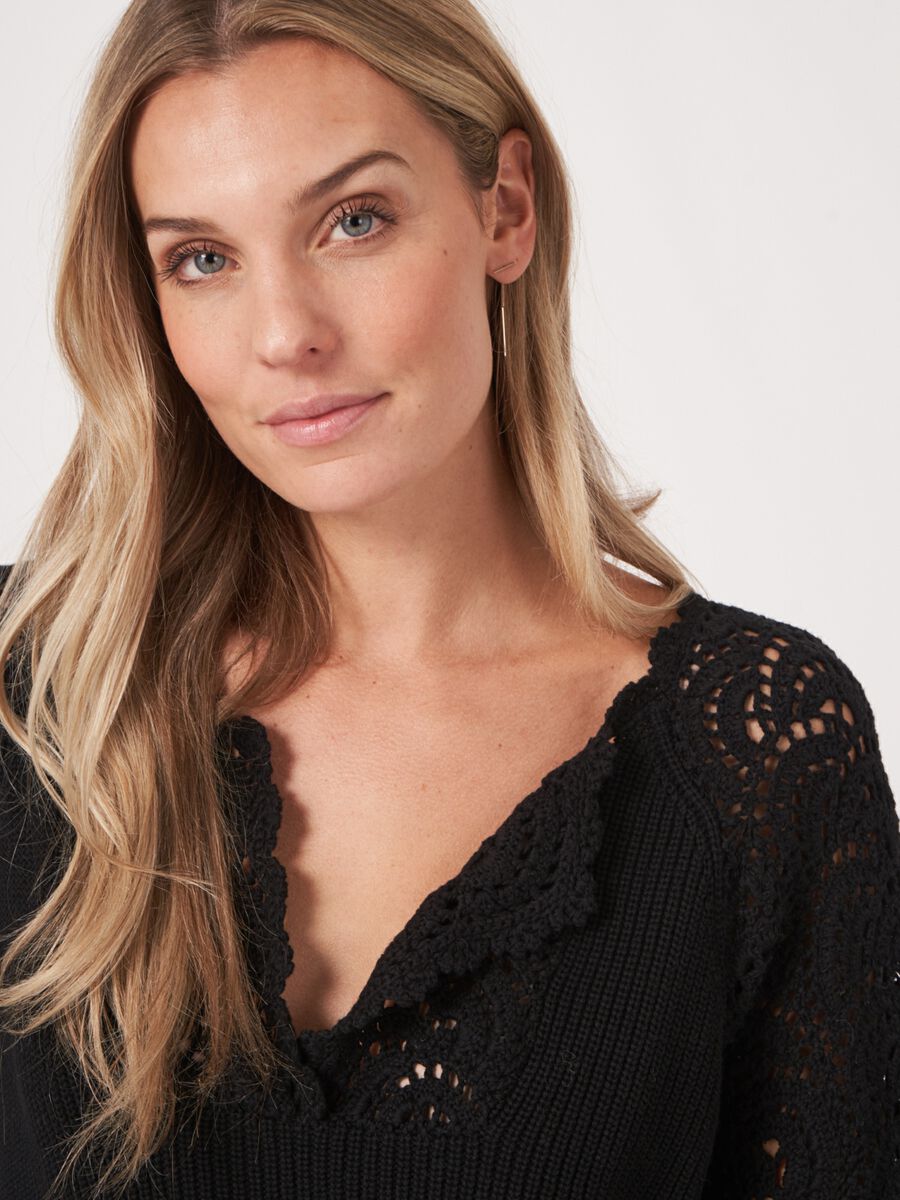 Cotton puff sleeve sweater with crochet details image number 2