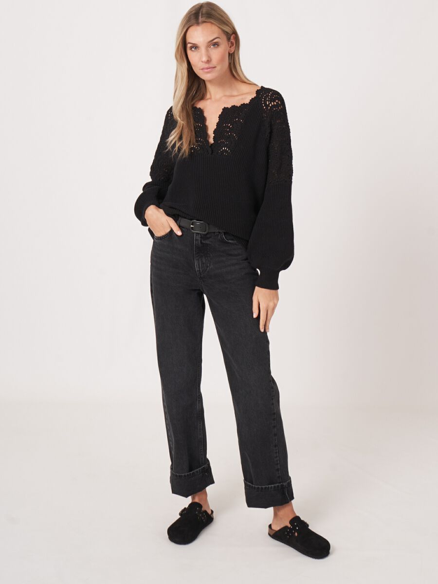 Cotton puff sleeve sweater with crochet details image number 4