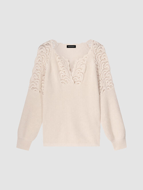 Katoenen pofmouw trui met gehaakte details