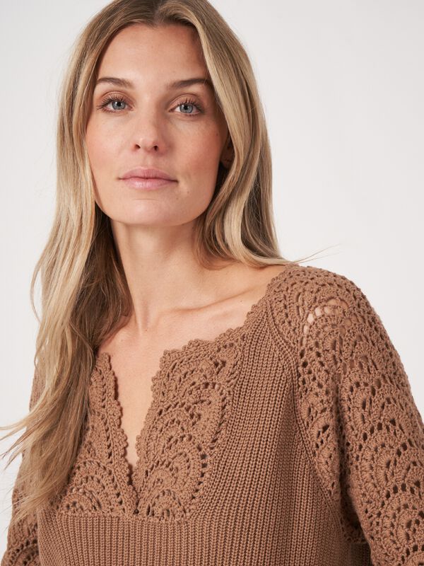 Katoenen pofmouw trui met gehaakte details image number 2