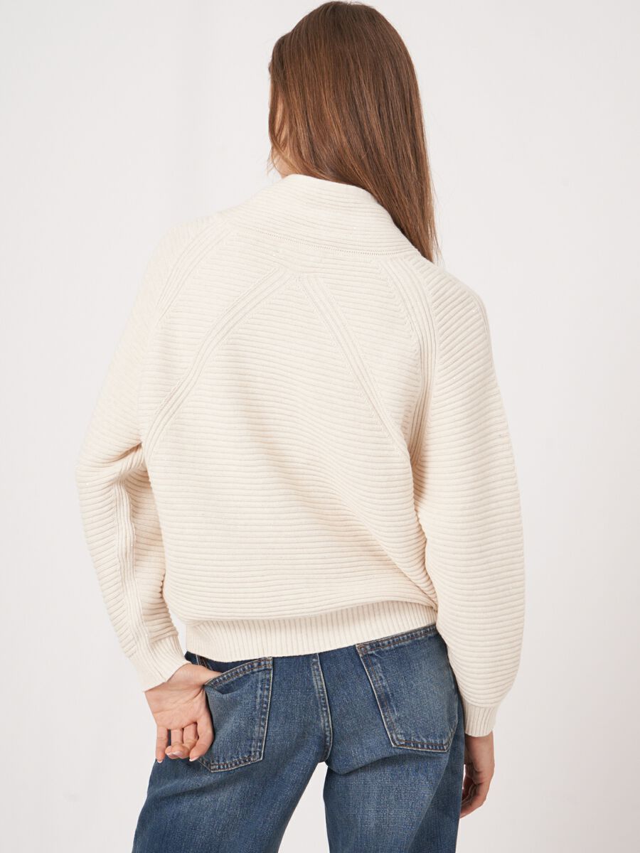 Cotton rib knit sweater with drawstring neckline image number 2