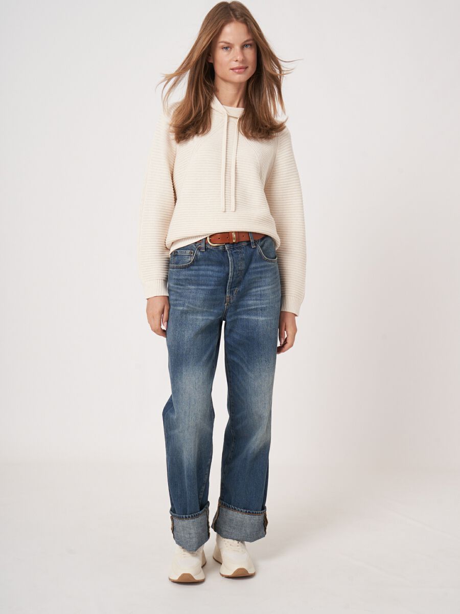 Cotton rib knit sweater with drawstring neckline image number 5