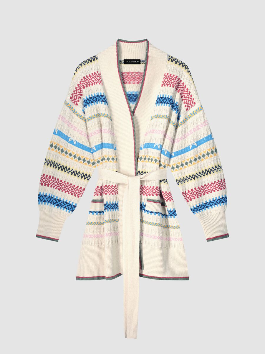 Multicolor striped cotton knit cardigan with belt image number 0