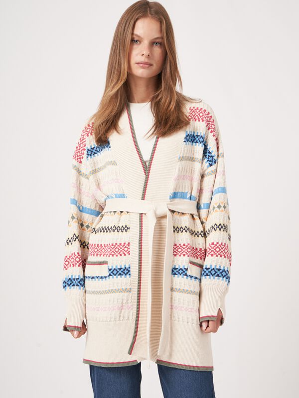 Cardigan en tricot de coton rayé multicolore avec ceinture image number 1