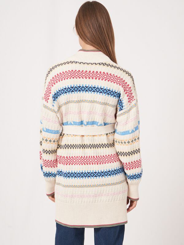 Cardigan en tricot de coton rayé multicolore avec ceinture image number 2