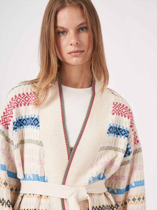 Cardigan en tricot de coton rayé multicolore avec ceinture image number 4