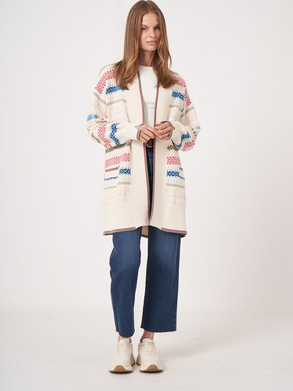 Cardigan en tricot de coton rayé multicolore avec ceinture image number 5