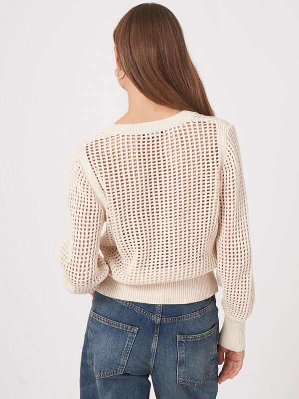 Pure cotton openwork knit sweater with tie image number 1