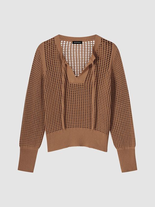 Pure cotton openwork knit sweater with tie