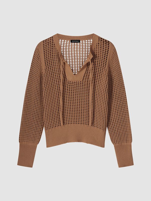 Ajour-pullover aus reiner Baumwolle mit Bindeband image number 0