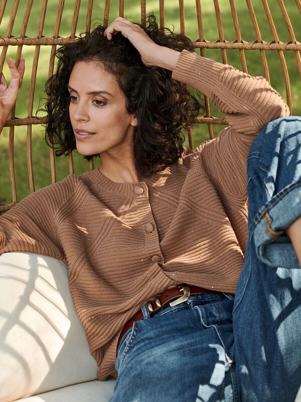 Pure cotton knit cardigan with sparkling mini sequins image number 0