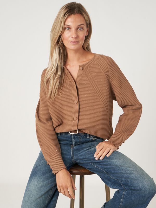 Pure cotton knit cardigan with sparkling mini sequins image number 2