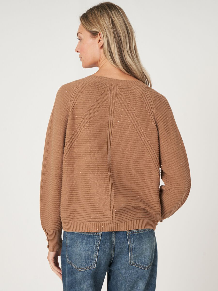 Pure cotton knit cardigan with sparkling mini sequins image number 3