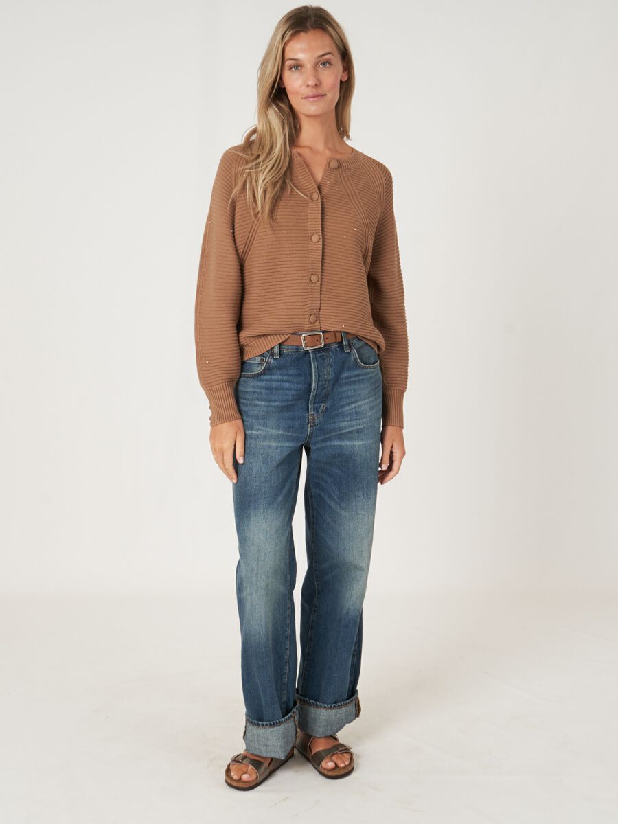 Pure cotton knit cardigan with sparkling mini sequins image number 7