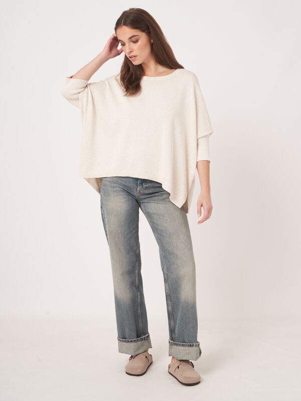 Poncho-pull oversize en coton m&eacute;lang&eacute;, col bateau image number 1