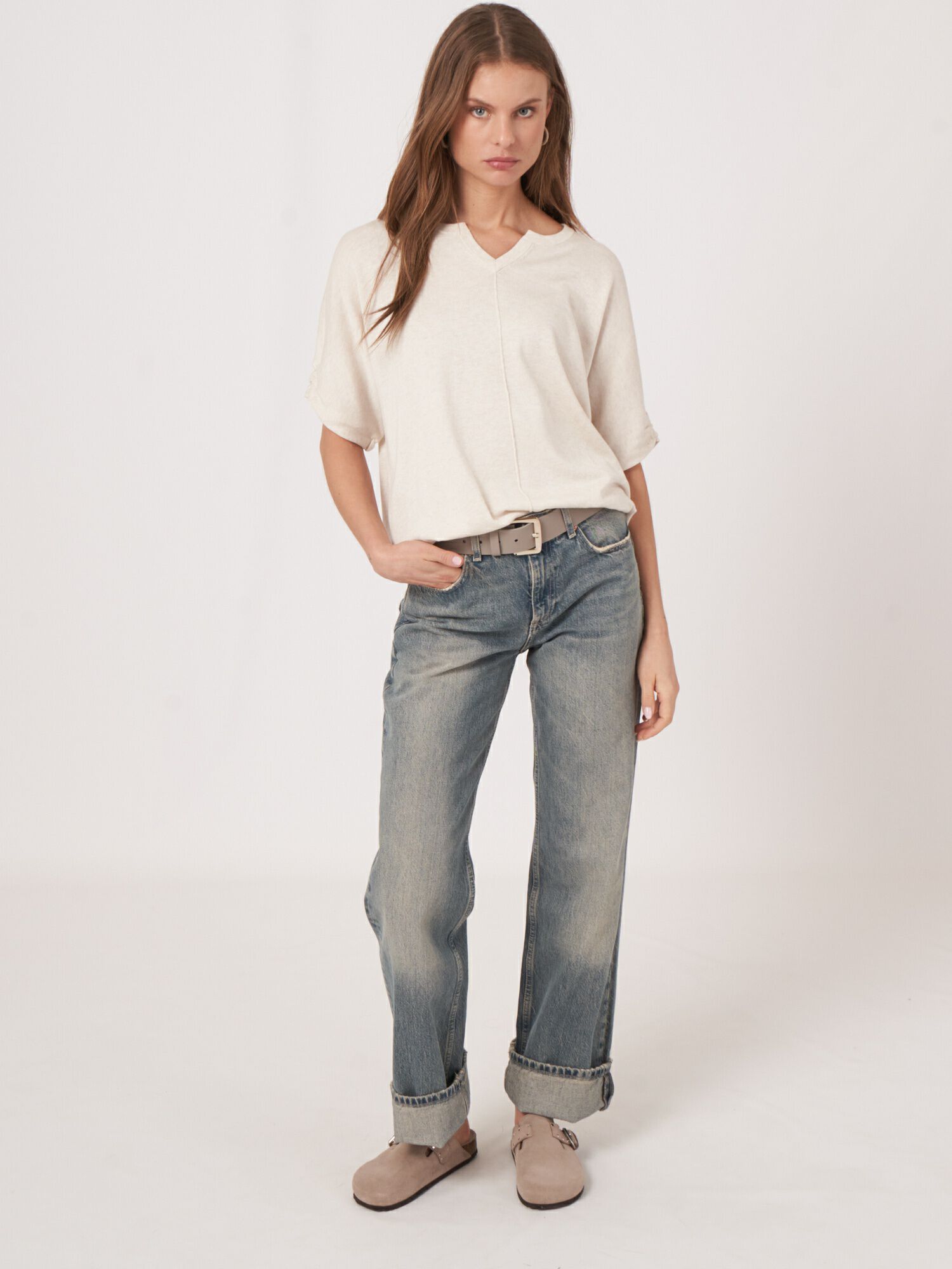 Cotton blend pants with drawstring and rolled-up hem