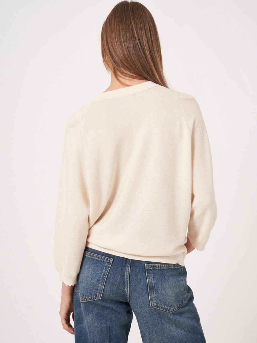 Cotton cashmere blend cardigan with raglan sleeves with scalloped hem image number 1