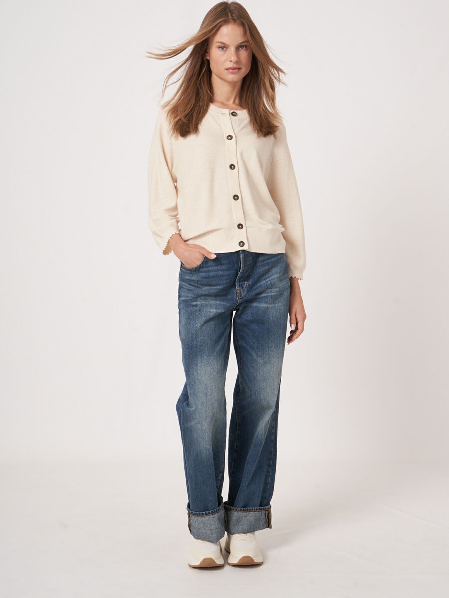 Cotton cashmere blend cardigan with raglan sleeves with scalloped hem image number 4