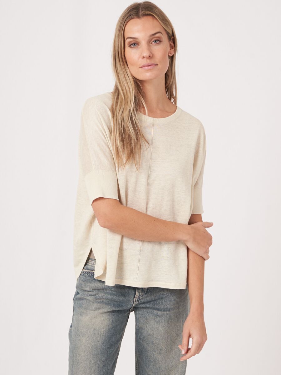 Pure linen knit poncho sweater with round hem image number 0