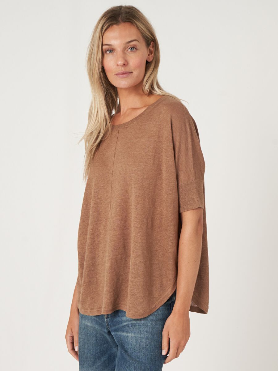 Pure linen knit poncho sweater with round hem image number 0