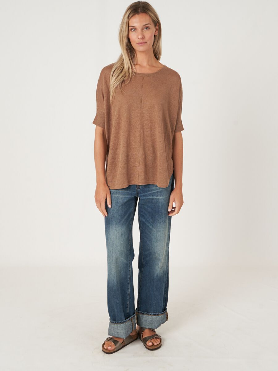 Pure linen knit poncho sweater with round hem image number 5