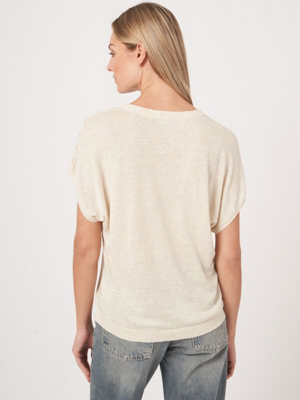 Pure linen knit poncho sweater with buttons on shoulder image number 1