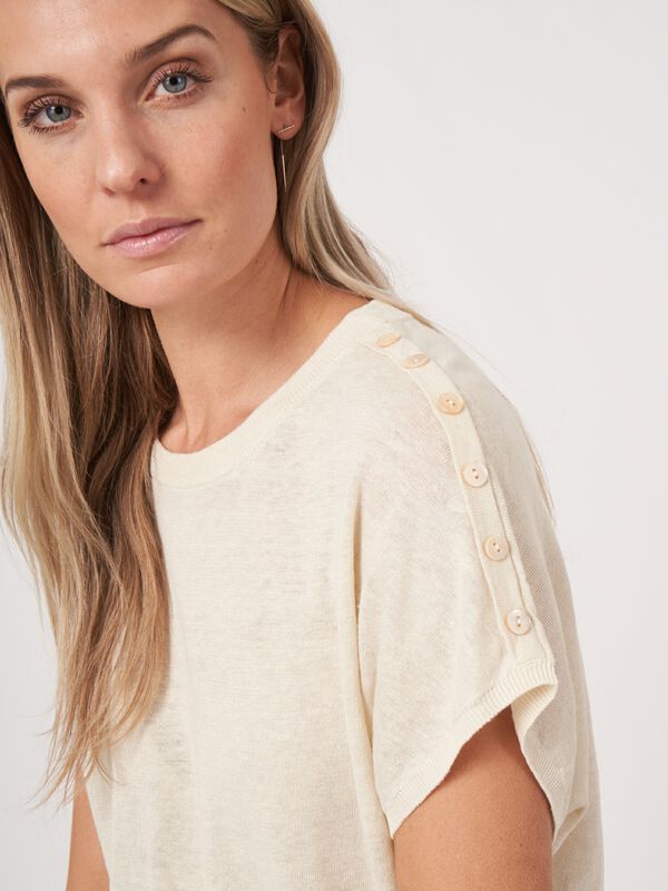 Pure linen knit poncho sweater with buttons on shoulder image number 2