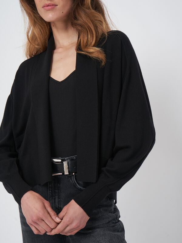 Fine knit wool blend open cardigan with shawl collar image number 2