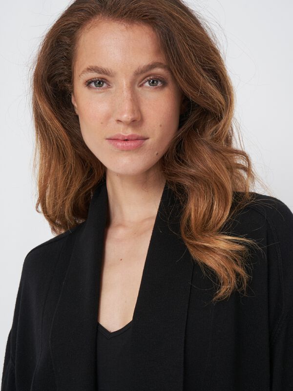 Fine knit wool blend open cardigan with shawl collar image number 3