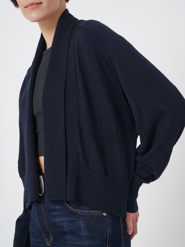 Fein gestricktes offenes Wollmix-Cardigan mit Schalkragen image number 2