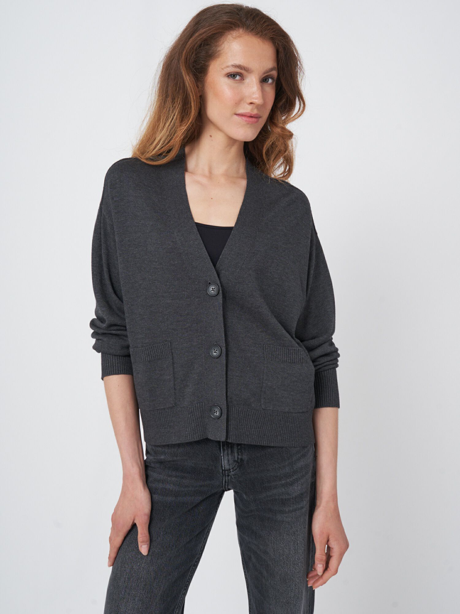 Boxy cotton blend cardigan with oversized buttons