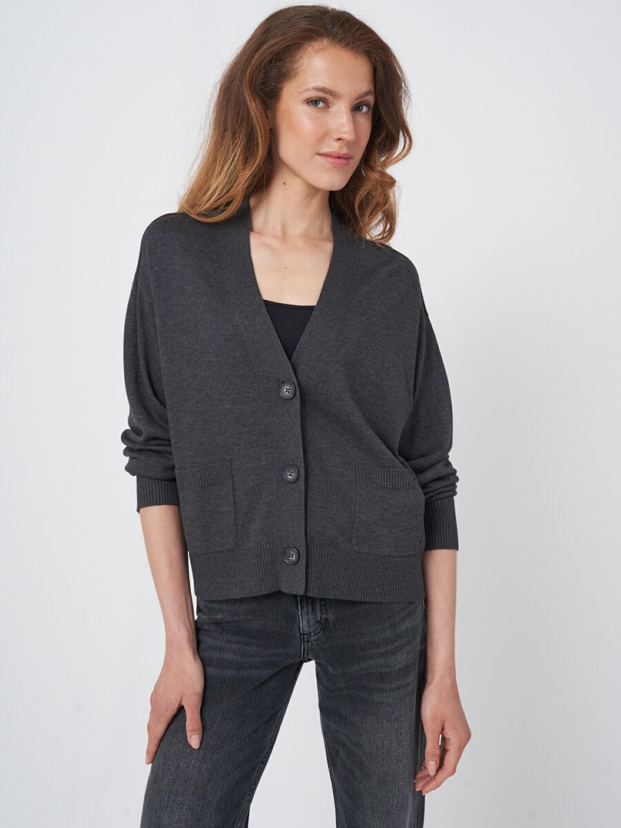 Boxy cotton blend cardigan with oversized buttons image number 0