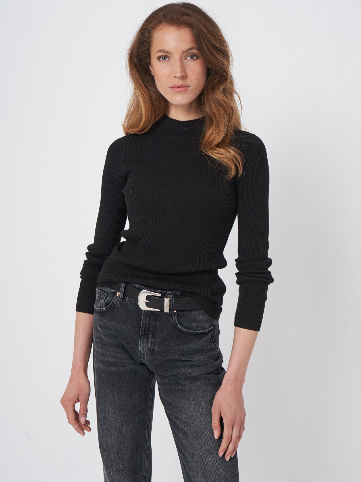 Cotton blend fine rib knit turtleneck sweater