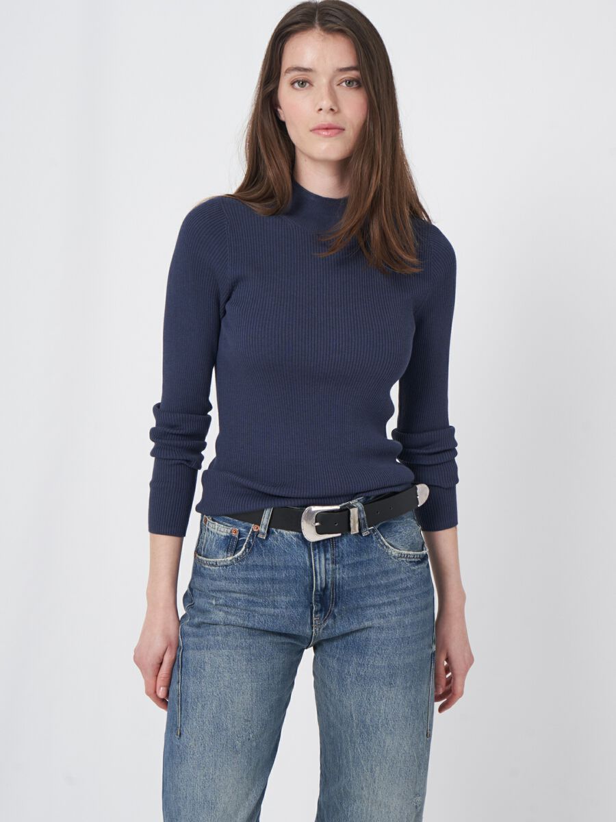 Cotton blend fine rib knit turtleneck sweater image number 0