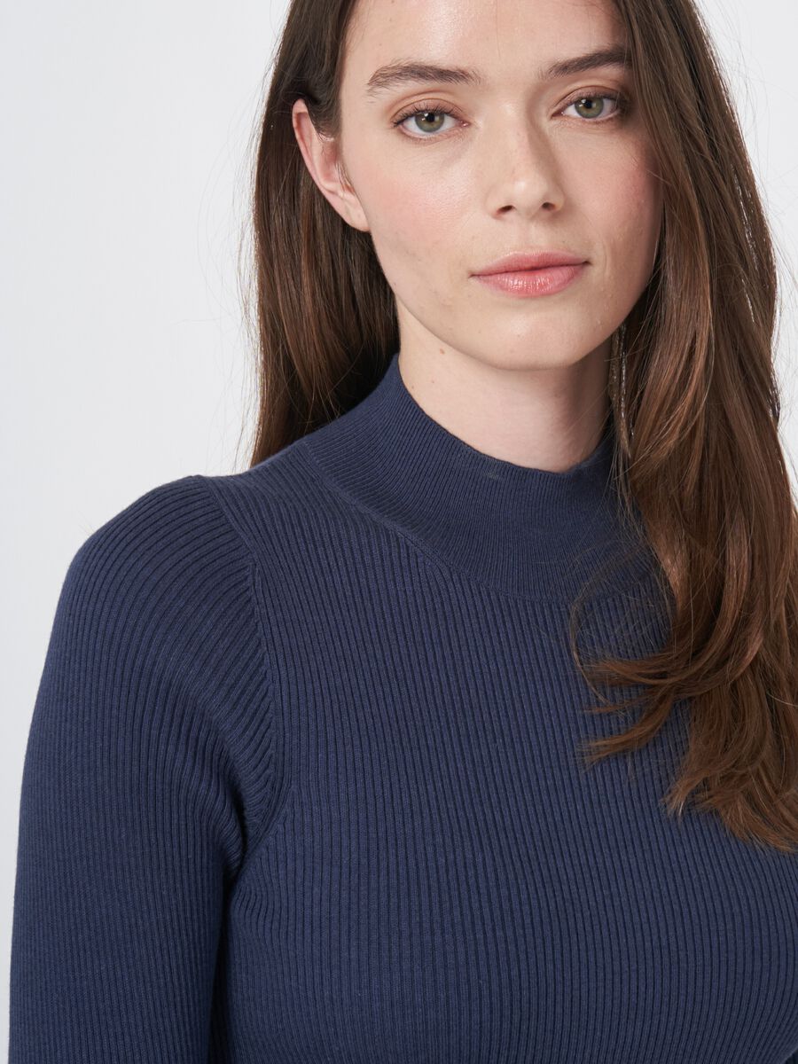 Cotton blend fine rib knit turtleneck sweater image number 3